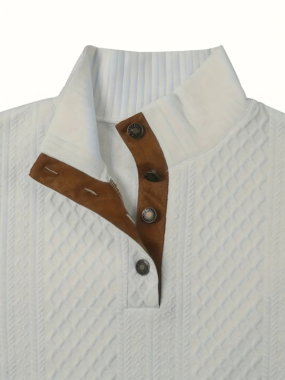 Cable Knit Henley Sweater Men's Beige Stand Collar Button Pullover with Elbow Patches – Casual, Office