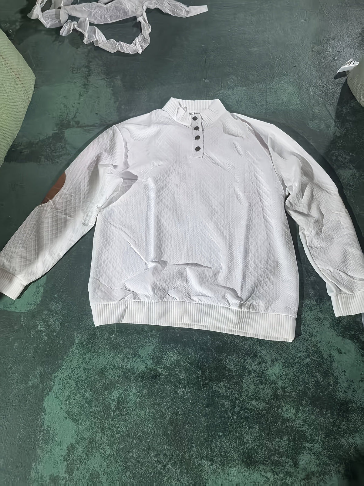 Cable Knit Henley Sweater Men's Beige Stand Collar Button Pullover with Elbow Patches – Casual, Office