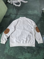 Cable Knit Henley Sweater Men's Beige Stand Collar Button Pullover with Elbow Patches – Casual, Office