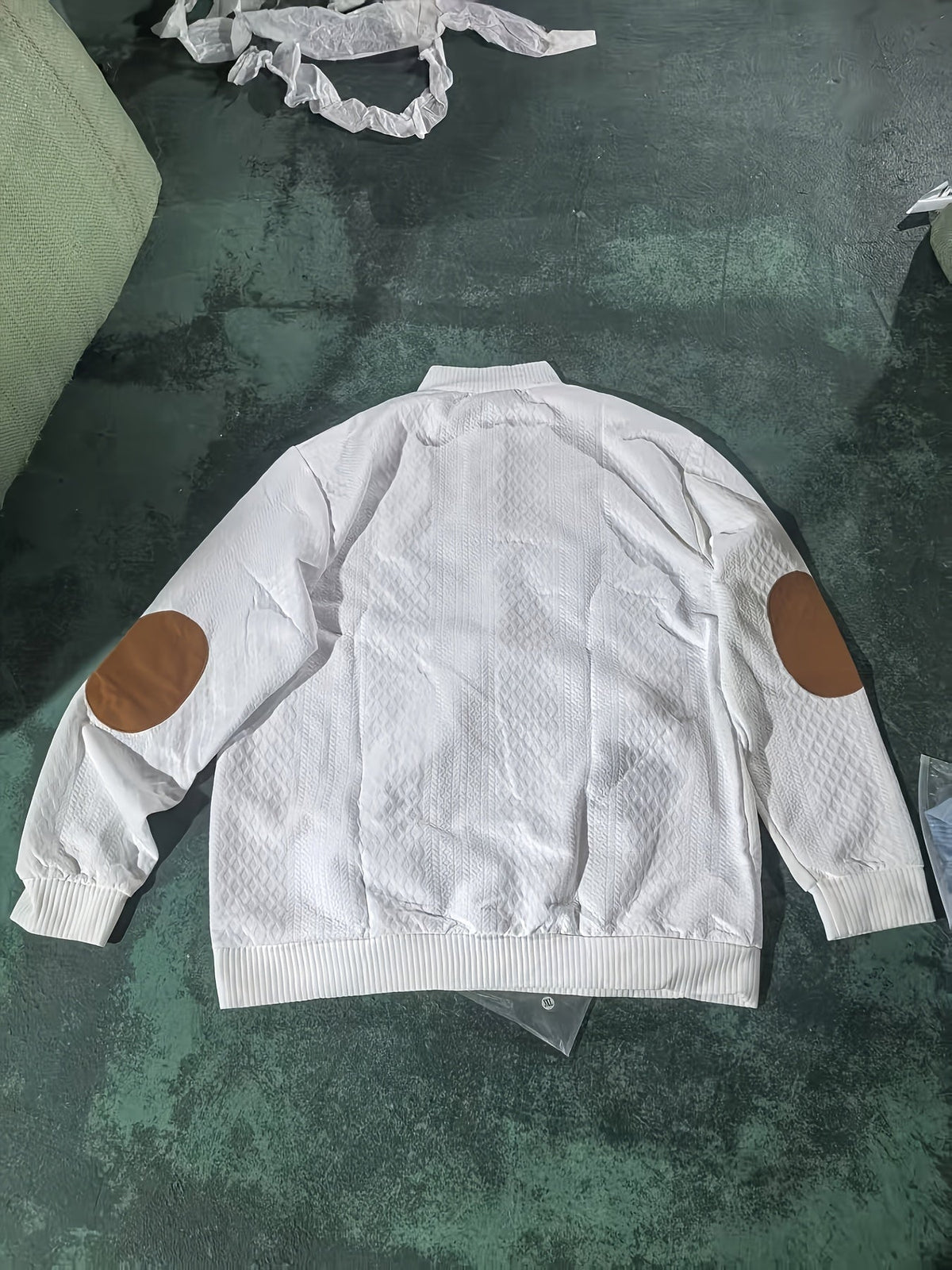 Cable Knit Henley Sweater Men's Beige Stand Collar Button Pullover with Elbow Patches – Casual, Office