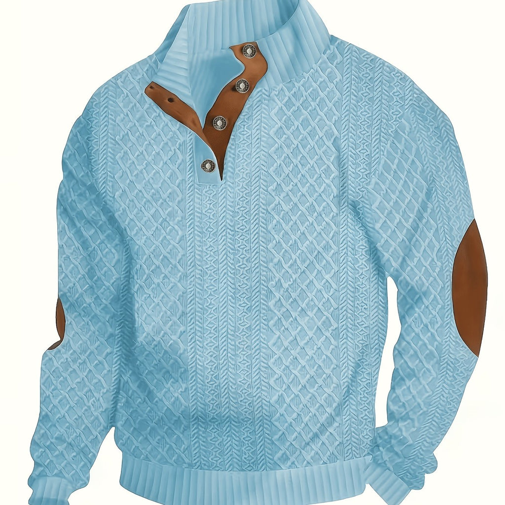 Cable Knit Henley Sweater Men's Beige Stand Collar Button Pullover with Elbow Patches – Casual, Office