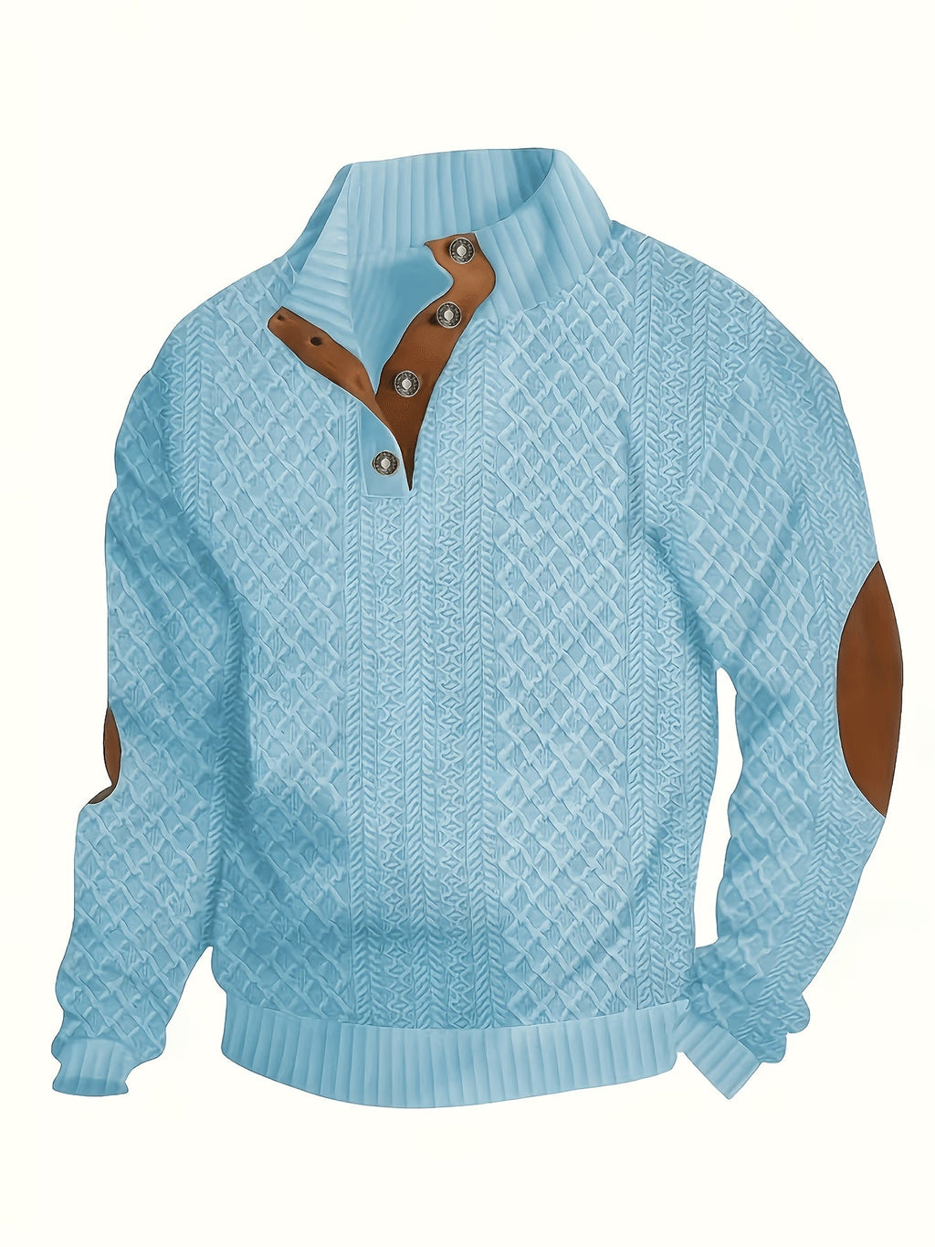 Cable Knit Henley Sweater Men's Beige Stand Collar Button Pullover with Elbow Patches – Casual, Office