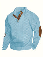 Cable Knit Henley Sweater Men's Beige Stand Collar Button Pullover with Elbow Patches – Casual, Office