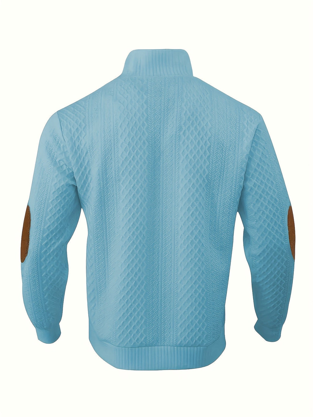 Cable Knit Henley Sweater Men's Beige Stand Collar Button Pullover with Elbow Patches – Casual, Office