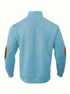Cable Knit Henley Sweater Men's Beige Stand Collar Button Pullover with Elbow Patches – Casual, Office