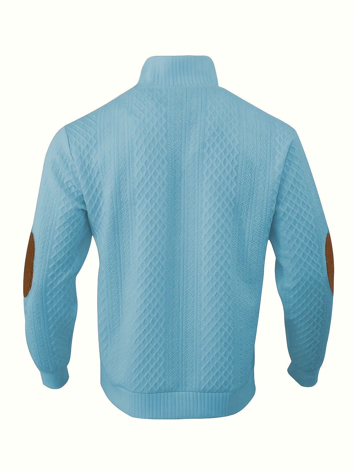 Cable Knit Henley Sweater Men's Beige Stand Collar Button Pullover with Elbow Patches – Casual, Office