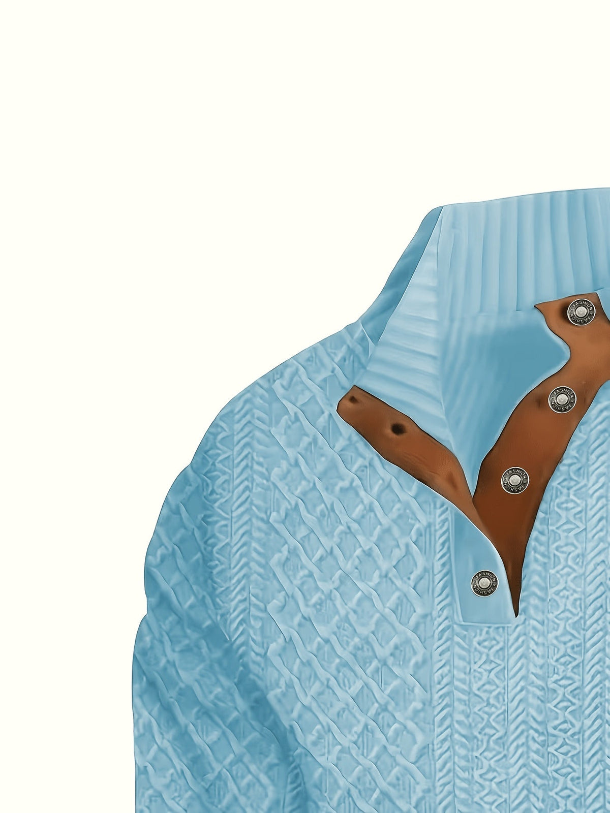 Cable Knit Henley Sweater Men's Beige Stand Collar Button Pullover with Elbow Patches – Casual, Office
