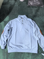 Cable Knit Henley Sweater Men's Beige Stand Collar Button Pullover with Elbow Patches – Casual, Office