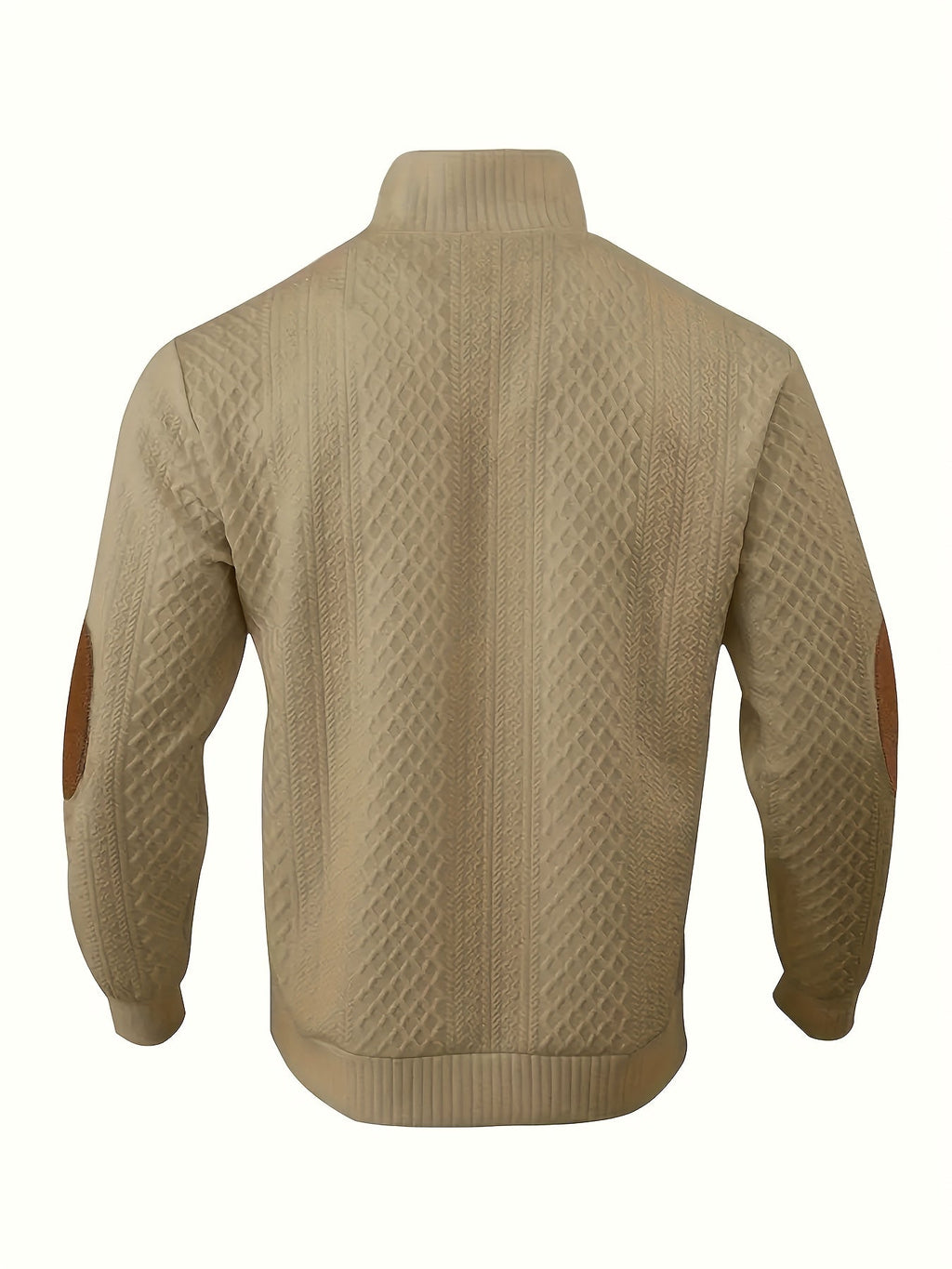 Cable Knit Henley Sweater Men's Beige Stand Collar Button Pullover with Elbow Patches – Casual, Office