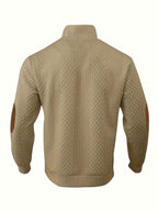 Cable Knit Henley Sweater Men's Beige Stand Collar Button Pullover with Elbow Patches – Casual, Office