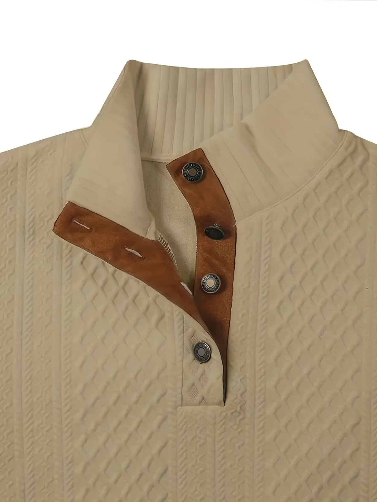 Cable Knit Henley Sweater Men's Beige Stand Collar Button Pullover with Elbow Patches – Casual, Office