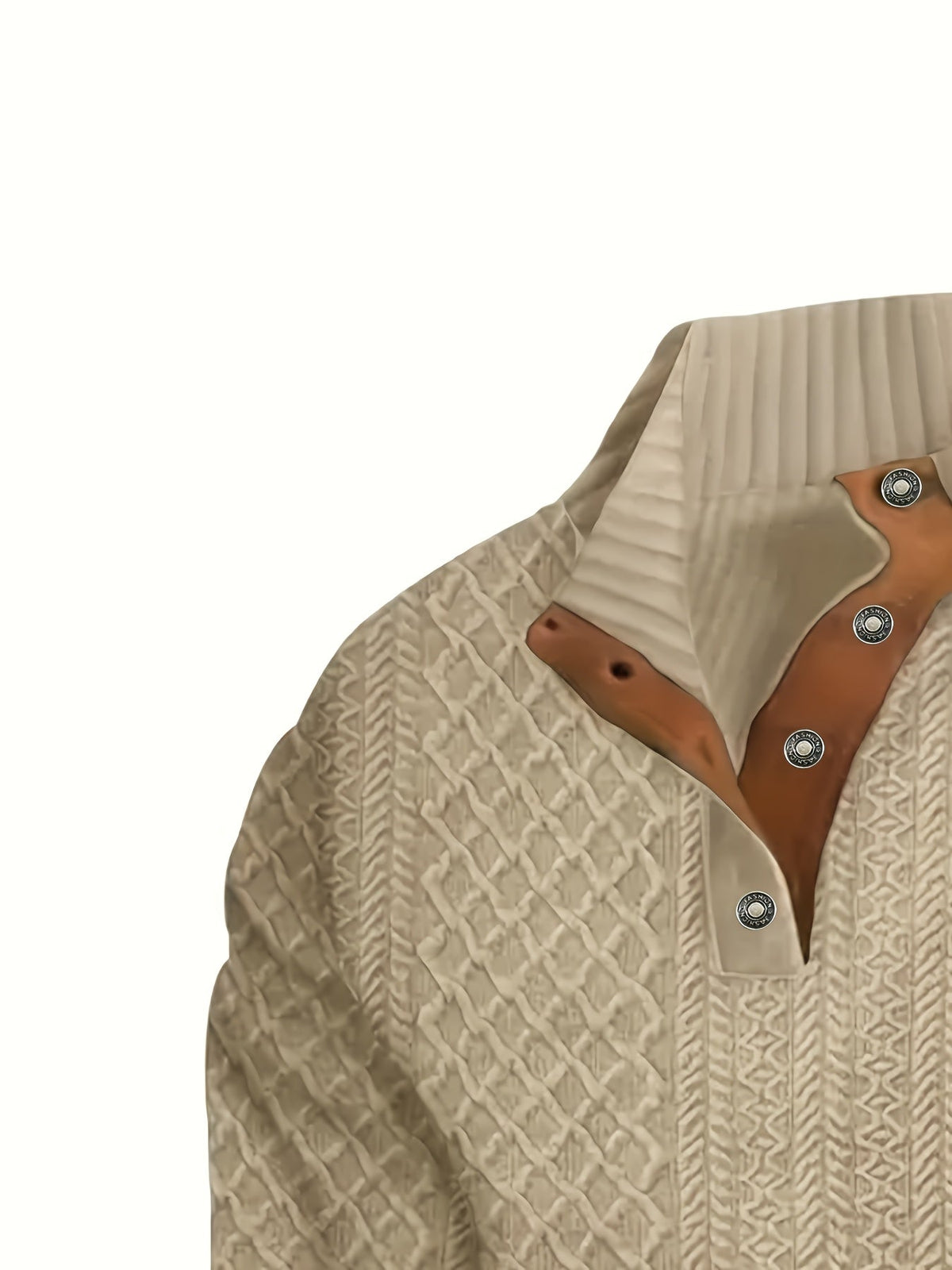Cable Knit Henley Sweater Men's Beige Stand Collar Button Pullover with Elbow Patches – Casual, Office