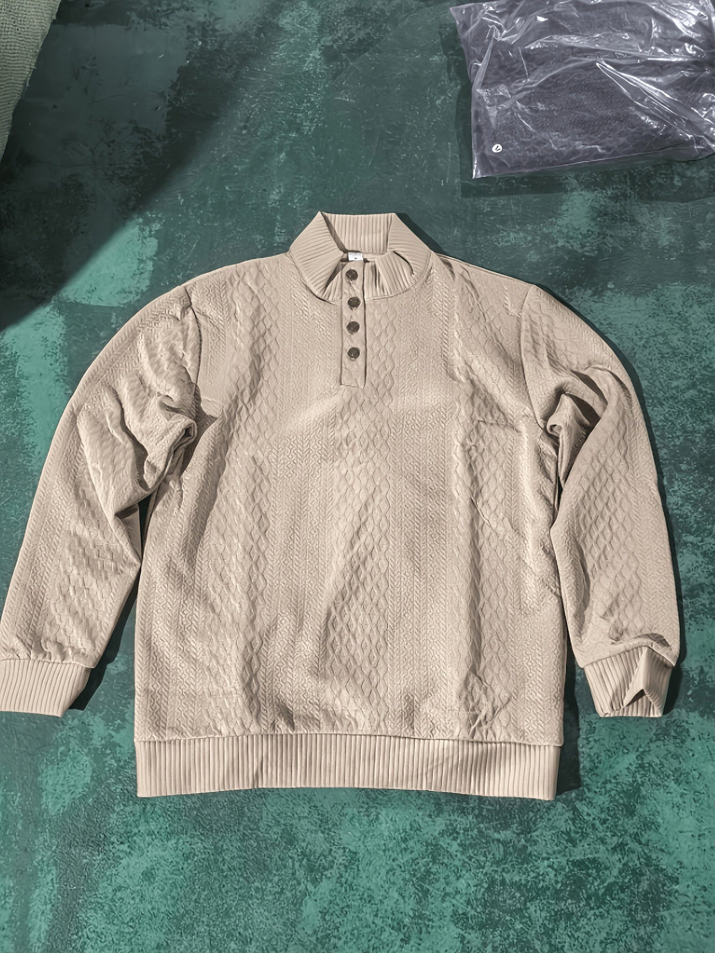Cable Knit Henley Sweater Men's Beige Stand Collar Button Pullover with Elbow Patches – Casual, Office