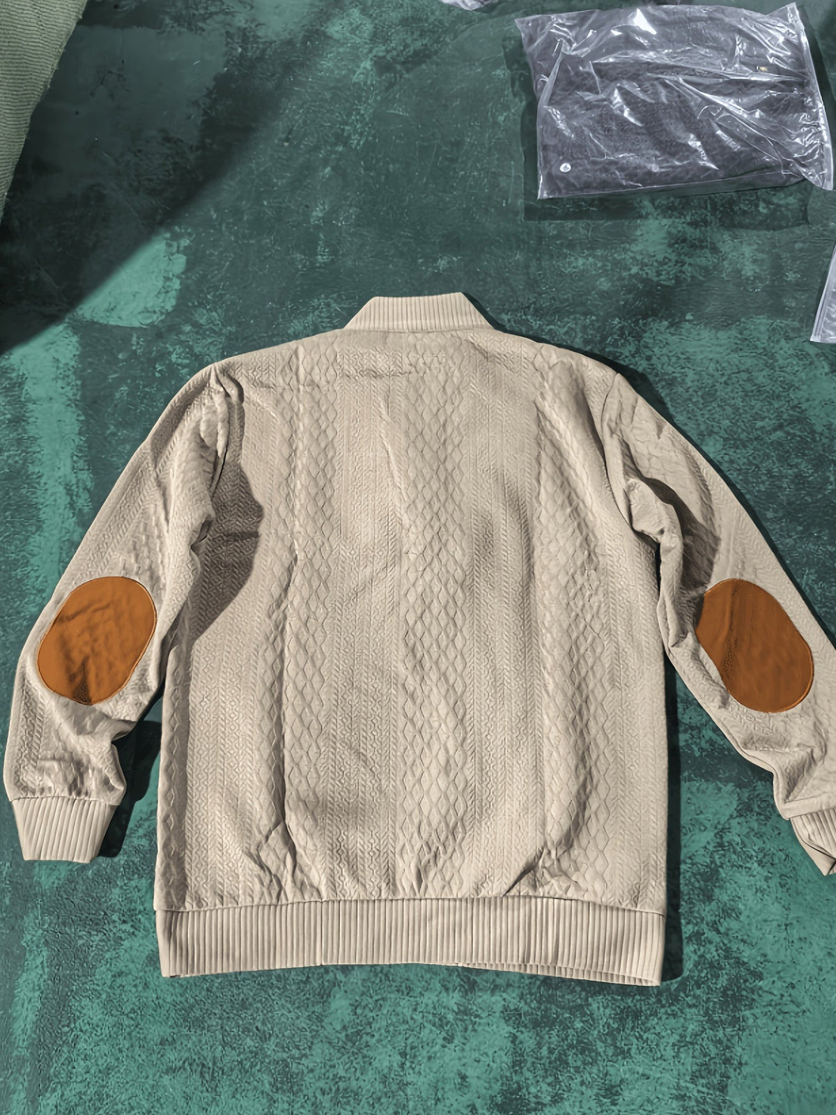 Cable Knit Henley Sweater Men's Beige Stand Collar Button Pullover with Elbow Patches – Casual, Office