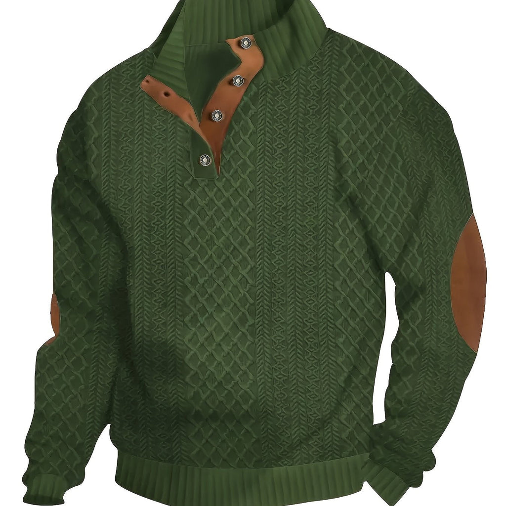 Cable Knit Henley Sweater Men's Beige Stand Collar Button Pullover with Elbow Patches – Casual, Office