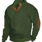 Cable Knit Henley Sweater Men's Beige Stand Collar Button Pullover with Elbow Patches – Casual, Office
