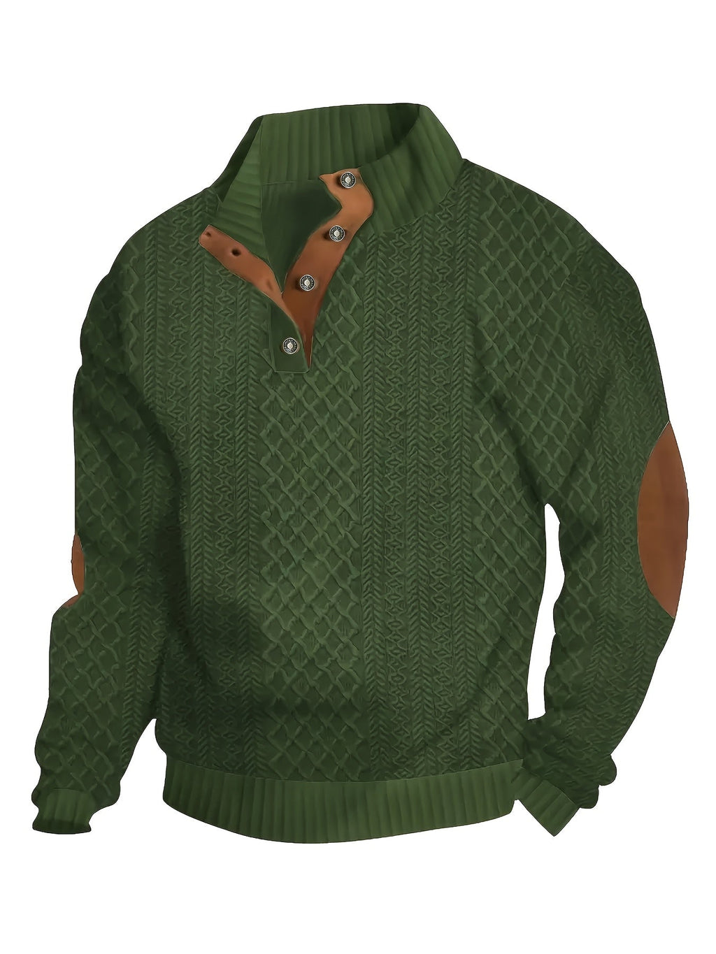 Cable Knit Henley Sweater Men's Beige Stand Collar Button Pullover with Elbow Patches – Casual, Office