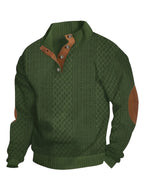 Cable Knit Henley Sweater Men's Beige Stand Collar Button Pullover with Elbow Patches – Casual, Office