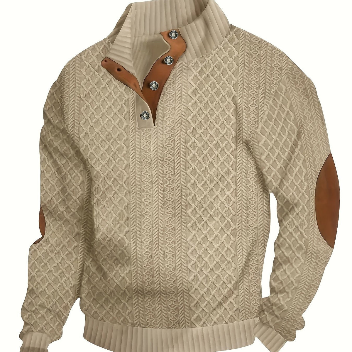 Cable Knit Henley Sweater Men's Beige Stand Collar Button Pullover with Elbow Patches – Casual, Office