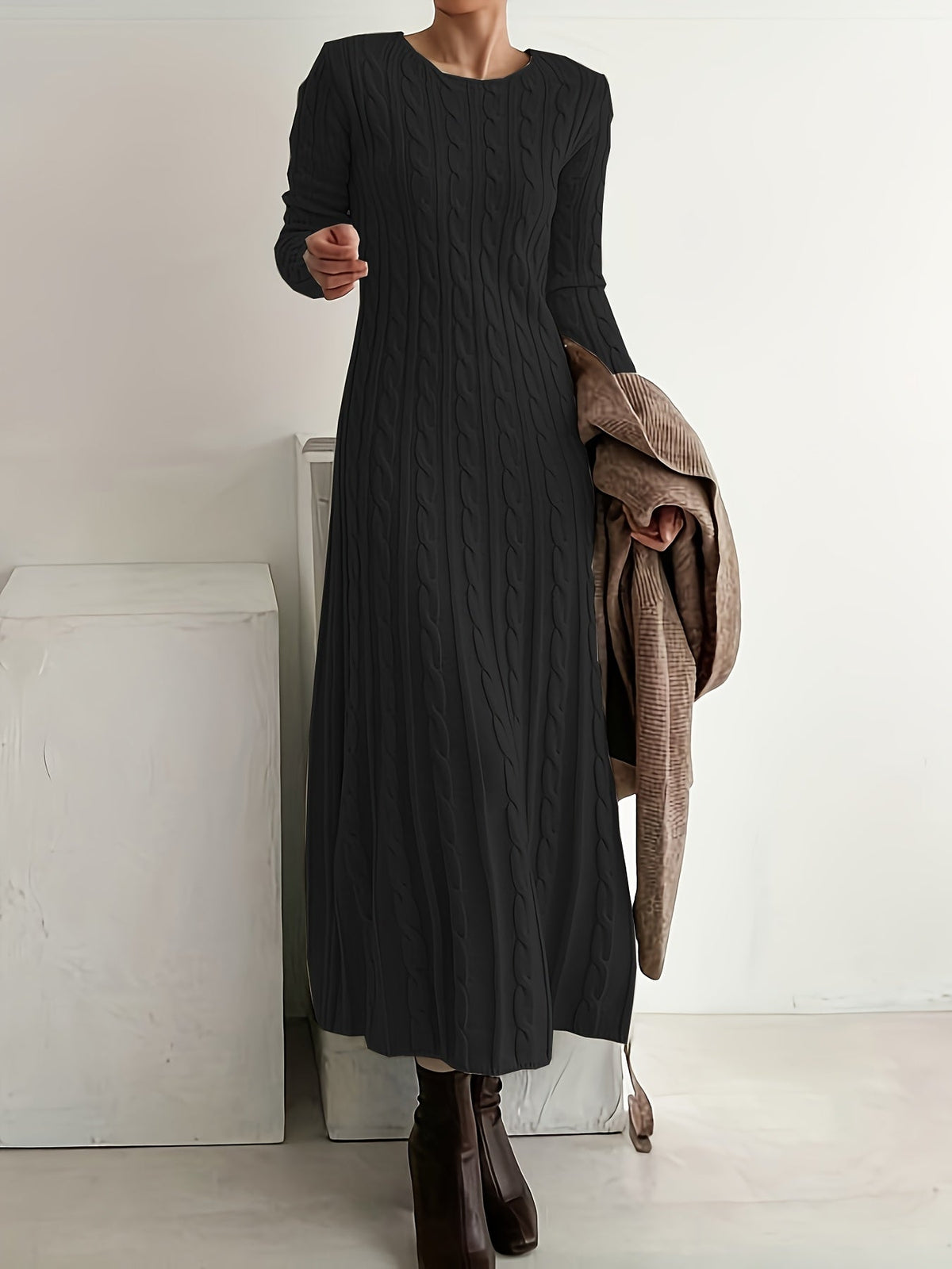 Cable-Knit Maxi Dress Long Sleeve Women's – Casual, Office, Holiday, Gift · Faylori