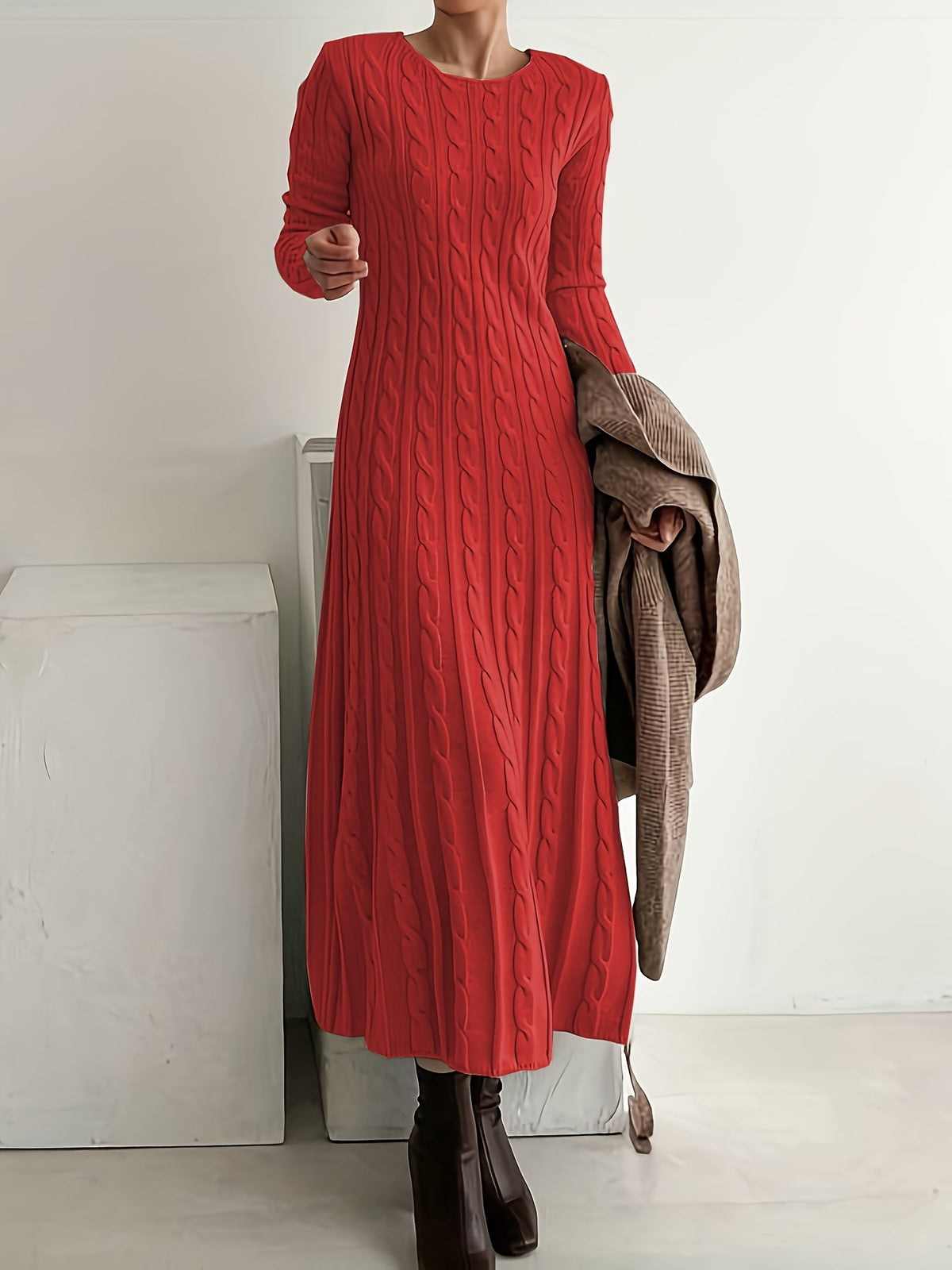 Cable-Knit Maxi Dress Long Sleeve Women's – Casual, Office, Holiday, Gift · Faylori