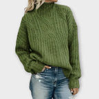 Cable Knit Sweater Black Mock Neck Women's Long Sleeve Pullover – Casual, Office
