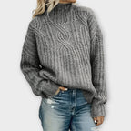 Cable Knit Sweater Black Mock Neck Women's Long Sleeve Pullover – Casual, Office
