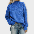 Cable Knit Sweater Black Mock Neck Women's Long Sleeve Pullover – Casual, Office