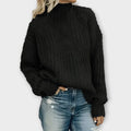 Cable Knit Sweater Black Mock Neck Women's Long Sleeve Pullover – Casual, Office