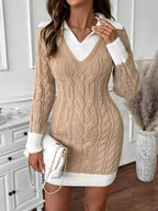 Cable Knit Sweater Dress Women's Long Sleeve Collared V-Neck Contrast Trim – Casual, Office