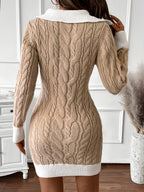 Cable Knit Sweater Dress Women's Long Sleeve Collared V-Neck Contrast Trim – Casual, Office