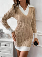 Cable Knit Sweater Dress Women's Long Sleeve Collared V-Neck Contrast Trim – Casual, Office