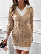 Cable Knit Sweater Dress Women's Long Sleeve Collared V-Neck Contrast Trim – Casual, Office
