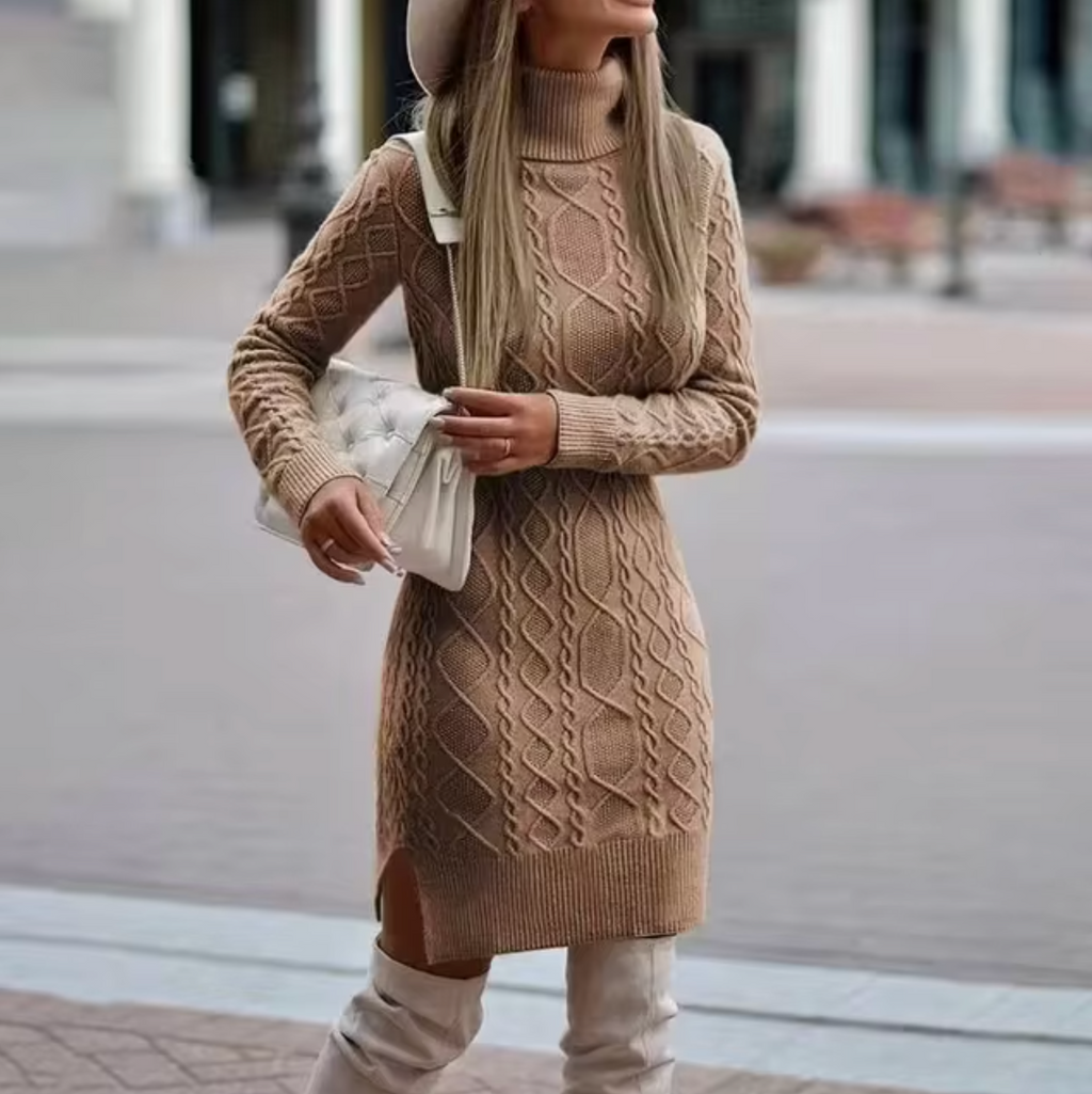 Cable-Knit Sweater Dress Women's Turtleneck Long Sleeve Gray Mini – Casual, Office, Holiday, Gift