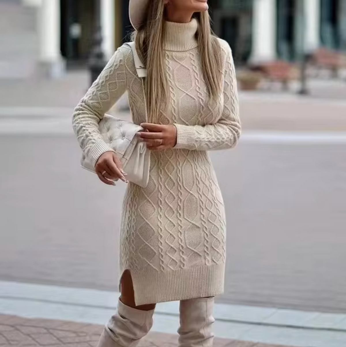 Cable-Knit Sweater Dress Women's Turtleneck Long Sleeve Gray Mini – Casual, Office, Holiday, Gift