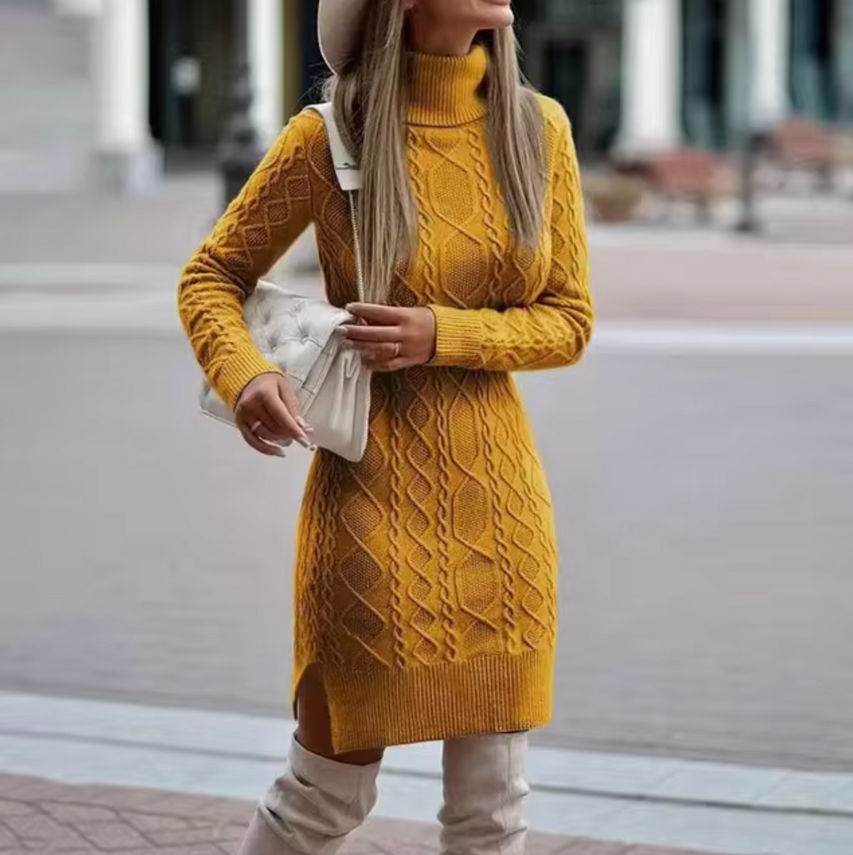 Cable-Knit Sweater Dress Women's Turtleneck Long Sleeve Gray Mini – Casual, Office, Holiday, Gift