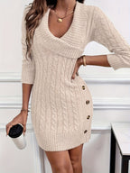 Cable-Knit Sweater Dress Women's V-Neck Long Sleeve Burgundy Button-Side – Casual, Office, Holiday, Gift