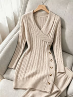 Cable-Knit Sweater Dress Women's V-Neck Long Sleeve Burgundy Button-Side – Casual, Office, Holiday, Gift