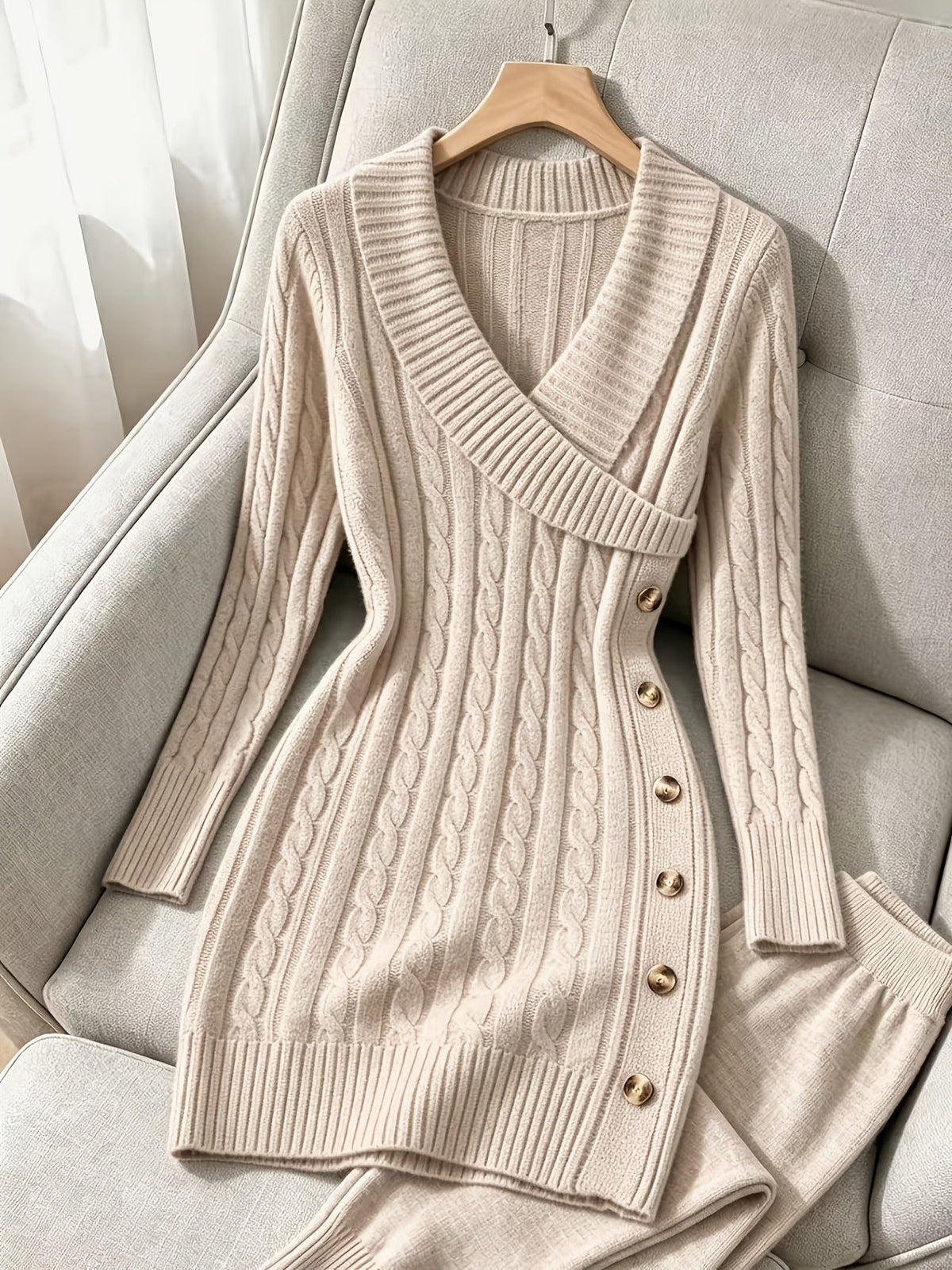 Cable-Knit Sweater Dress Women's V-Neck Long Sleeve Burgundy Button-Side – Casual, Office, Holiday, Gift