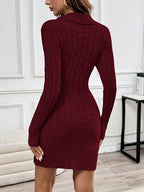 Cable-Knit Sweater Dress Women's V-Neck Long Sleeve Burgundy Button-Side – Casual, Office, Holiday, Gift