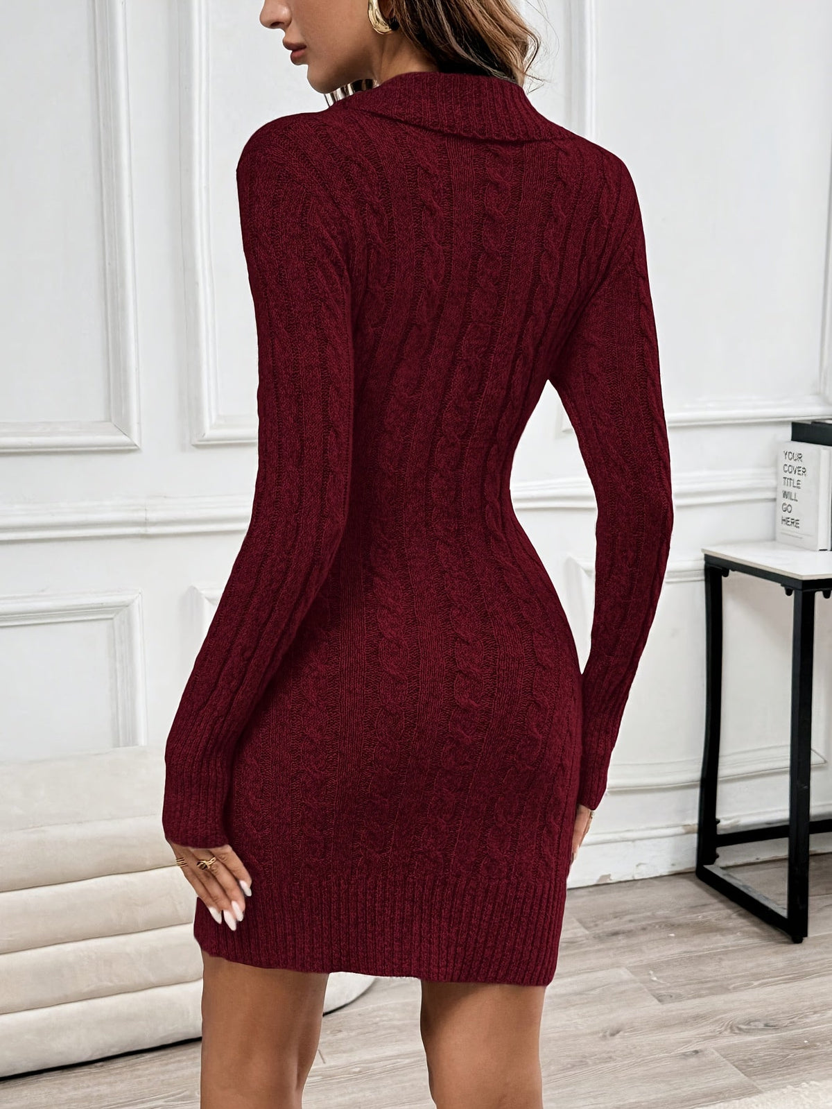 Cable-Knit Sweater Dress Women's V-Neck Long Sleeve Burgundy Button-Side – Casual, Office, Holiday, Gift