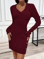 Cable-Knit Sweater Dress Women's V-Neck Long Sleeve Burgundy Button-Side – Casual, Office, Holiday, Gift