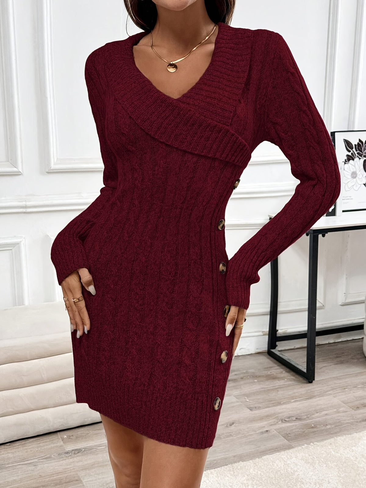 Cable-Knit Sweater Dress Women's V-Neck Long Sleeve Burgundy Button-Side – Casual, Office, Holiday, Gift