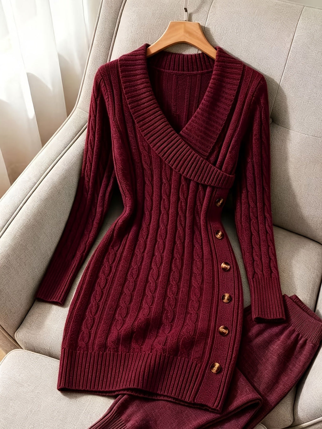 Cable-Knit Sweater Dress Women's V-Neck Long Sleeve Burgundy Button-Side – Casual, Office, Holiday, Gift