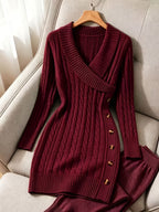 Cable-Knit Sweater Dress Women's V-Neck Long Sleeve Burgundy Button-Side – Casual, Office, Holiday, Gift