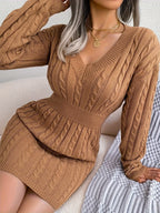 Cable Knit Sweater Dress Women's V-Neck Long Sleeve Peplum Burgundy – Casual, Office, Holiday, Gift