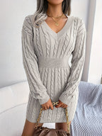 Cable Knit Sweater Dress Women's V-Neck Long Sleeve Peplum Burgundy – Casual, Office, Holiday, Gift