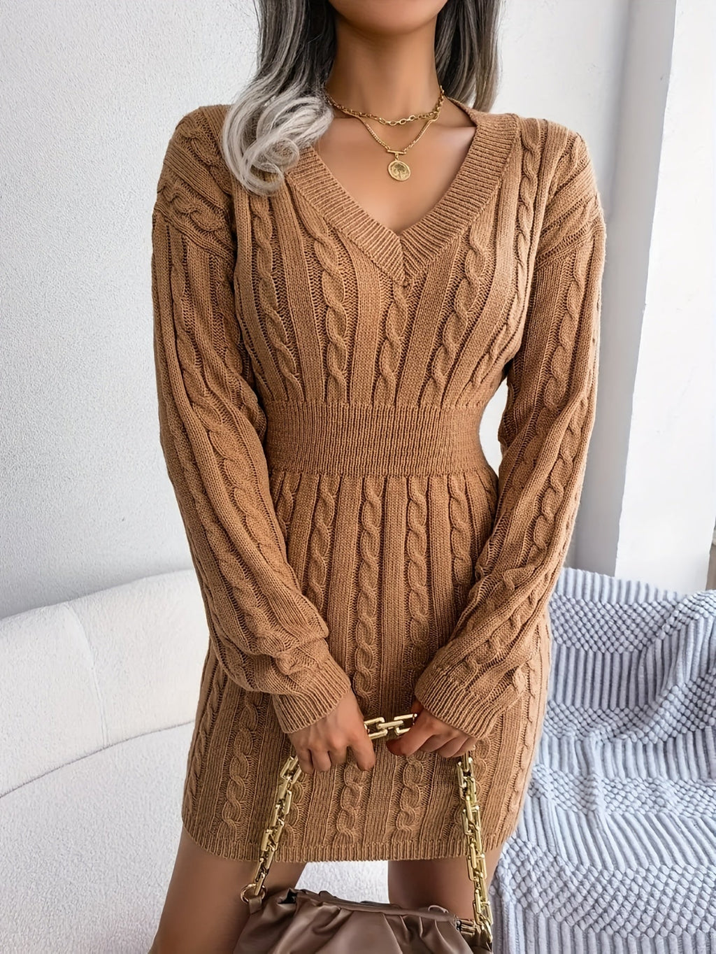 Cable Knit Sweater Dress Women's V-Neck Long Sleeve Peplum Burgundy – Casual, Office, Holiday, Gift