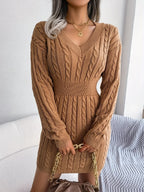 Cable Knit Sweater Dress Women's V-Neck Long Sleeve Peplum Burgundy – Casual, Office, Holiday, Gift