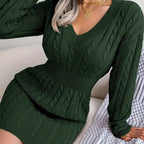 Cable Knit Sweater Dress Women's V-Neck Long Sleeve Peplum Burgundy – Casual, Office, Holiday, Gift